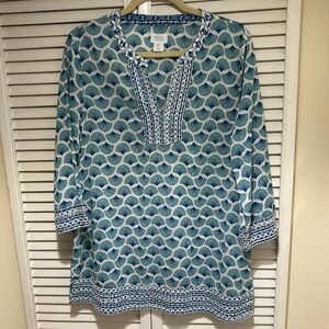 Sigrid Olsen Aqua and White Shell Pattern Blouse